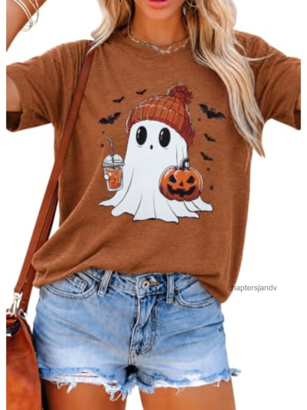Women Halloween Ghost T-Shirt Short Sleeve Crew Neck Cotton Blend